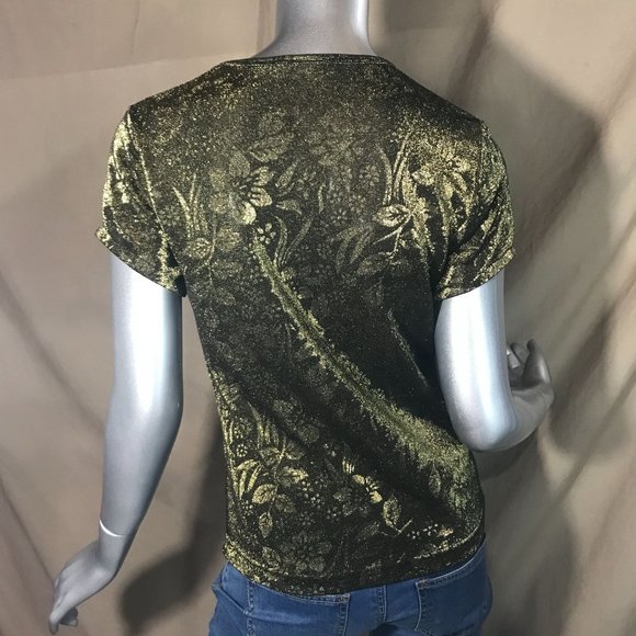 Vintage Small Crew Neck Floral Blouse Metallic Gold Shimmer Stretch Top - Picture 3 of 12